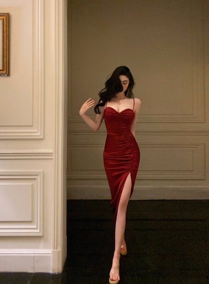 Vestido de fiesta de sirena con tirantes finos, satén rojo, sexy, para 21 cumpleaños, ideas para vestidos de cumpleaños para mujeres (DP1634)