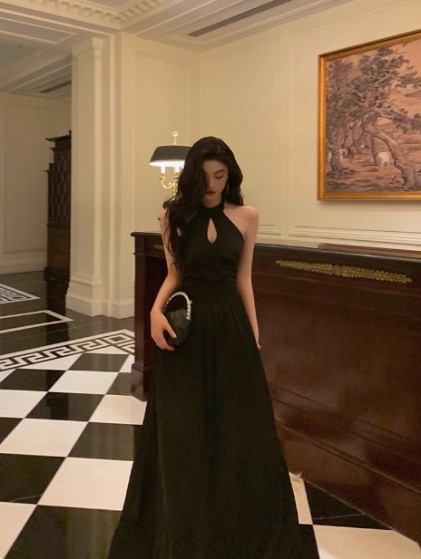 Vestido sexy de satén negro con cuello halter y corte en A para fiesta de cumpleaños número 21, ideas para vestidos de cumpleaños para mujeres DP1638