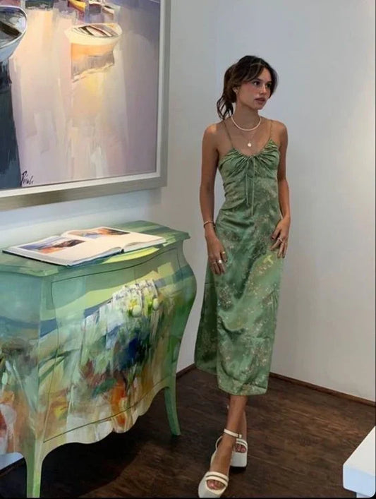 Vestido de fiesta de satén verde vintage con tirantes finos, vestido de noche TP4549