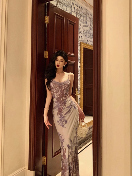 Elegante vestido de fiesta de cumpleaños número 21, corte A, tirantes finos, estampado floral lila, sin mangas, ideal para mujeres (DP541)