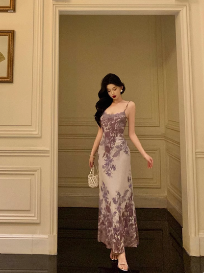 Elegante vestido de fiesta de cumpleaños número 21, corte A, tirantes finos, estampado floral lila, sin mangas, ideal para mujeres (DP541)