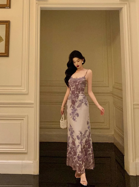 Elegante vestido de fiesta de cumpleaños número 21, corte A, tirantes finos, estampado floral lila, sin mangas, ideal para mujeres (DP541)
