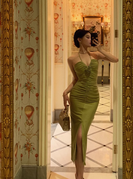 Vestido verde sexy con cuello halter y sin mangas para fiesta de cumpleaños número 21, atuendos de cumpleaños para mujer DP550