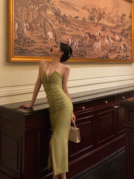 Vestido verde sexy con cuello halter y sin mangas para fiesta de cumpleaños número 21, atuendos de cumpleaños para mujer DP550
