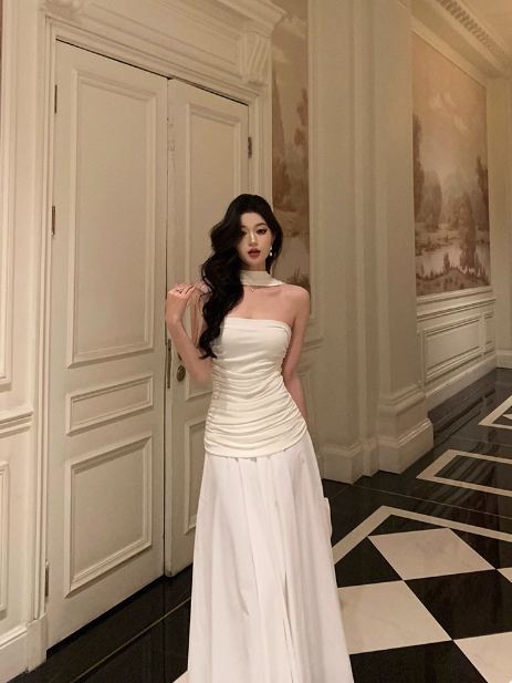 Vestido elegante de fiesta de cumpleaños número 18, blanco, sin tirantes, corte A, sin mangas, atuendos de cumpleaños, ideas para vestidos de cumpleaños para mujeres, DP552