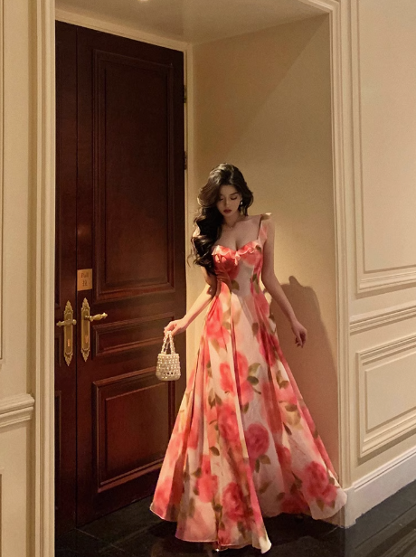 Vestido elegante de fiesta de cumpleaños número 18, corte A, tirantes finos, estampado floral rosa, sin mangas, ideal para mujeres (DP554)