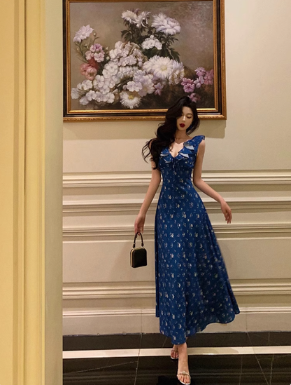 Vestido elegante de gasa azul, sin mangas, con escote en V y corte A para fiesta de 18 cumpleaños, atuendos de cumpleaños, ideas para vestidos de cumpleaños para mujeres DP557