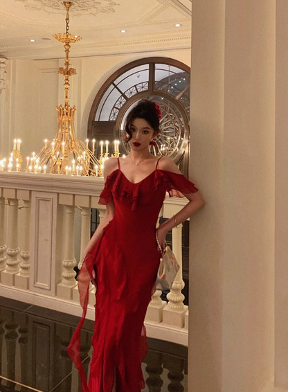 Vestido elegante de fiesta de cumpleaños número 18, corte A, tirantes finos, de gasa roja, sin mangas, ideal para mujeres (DP558)
