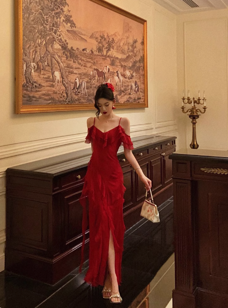 Vestido elegante de fiesta de cumpleaños número 18, corte A, tirantes finos, de gasa roja, sin mangas, ideal para mujeres (DP558)