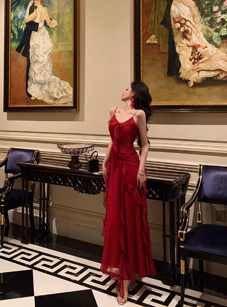 Vestido elegante de fiesta rojo sin mangas con tirantes finos y corte A para cumpleaños número 18. Ideas para vestidos de cumpleaños número 21 para mujeres (DP564)