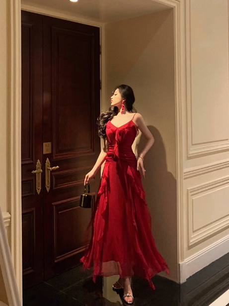 Vestido elegante de fiesta rojo sin mangas con tirantes finos y corte A para cumpleaños número 18. Ideas para vestidos de cumpleaños número 21 para mujeres (DP564)