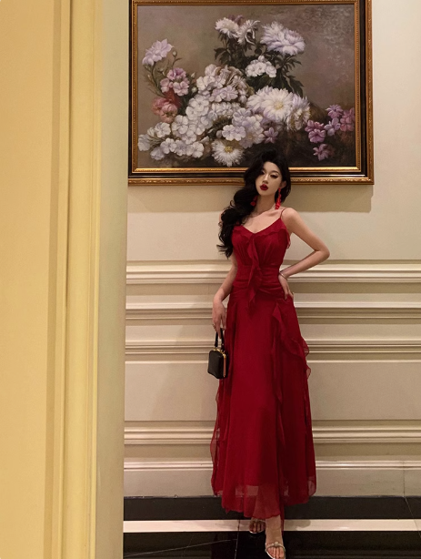 Vestido elegante de fiesta rojo sin mangas con tirantes finos y corte A para cumpleaños número 18. Ideas para vestidos de cumpleaños número 21 para mujeres (DP564)