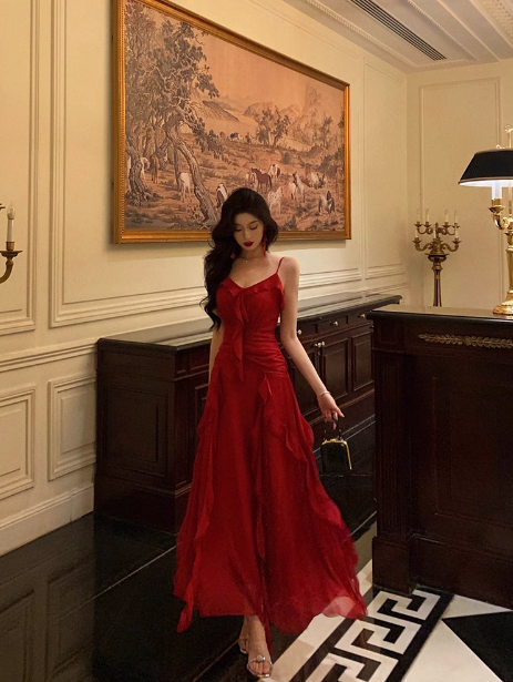 Vestido elegante de fiesta rojo sin mangas con tirantes finos y corte A para cumpleaños número 18. Ideas para vestidos de cumpleaños número 21 para mujeres (DP564)