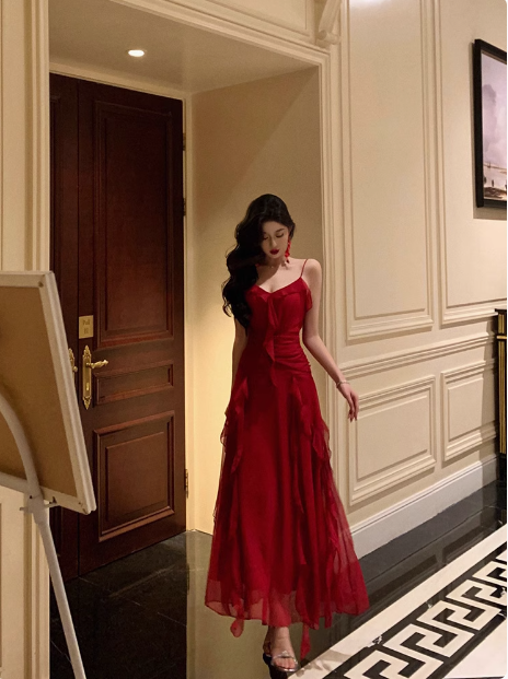 Vestido elegante de fiesta rojo sin mangas con tirantes finos y corte A para cumpleaños número 18. Ideas para vestidos de cumpleaños número 21 para mujeres (DP564)