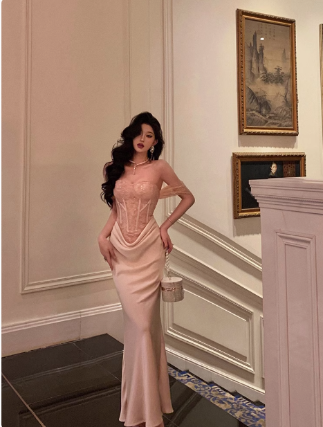 Vestido elegante de satén con hombros descubiertos y corte sirena para cumpleaños número 18, ideas para vestidos de cumpleaños número 21 para mujeres (DP565)