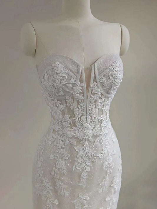 Vestido de novia de ensueño, elegante, estilo sirena, escote corazón, apliques de encaje y cola, DP611