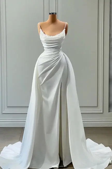 Hermoso vestido de novia blanco largo de corte A con tirantes finos y cuentas, DP625