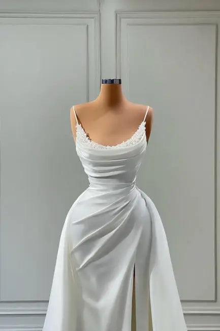 Hermoso vestido de novia blanco largo de corte A con tirantes finos y cuentas, DP625