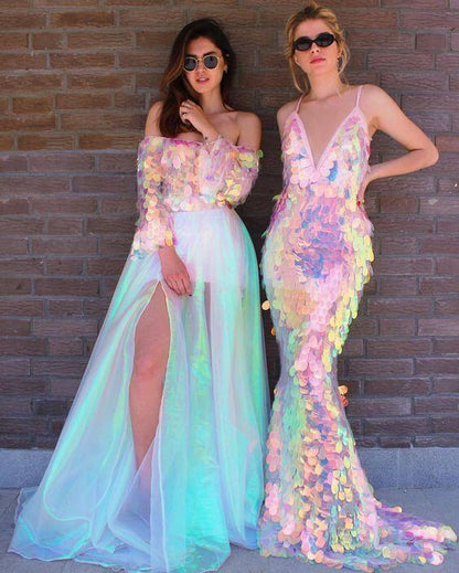 Unique Iridescent Sequins Long Prom Dresses, Slit Evening Dresses GP336