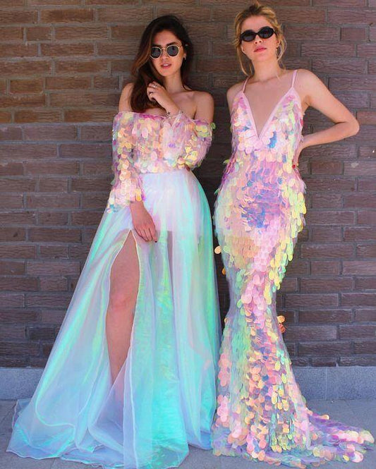 Unique Iridescent Sequins Long Prom Dresses, Slit Evening Dresses GP336