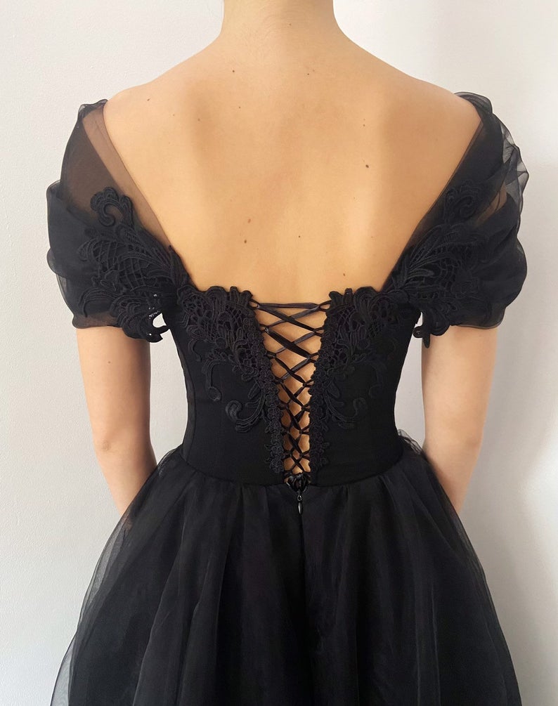 Vestido de fiesta de tul con corsé gótico negro de princesa, elegante vestido formal negro