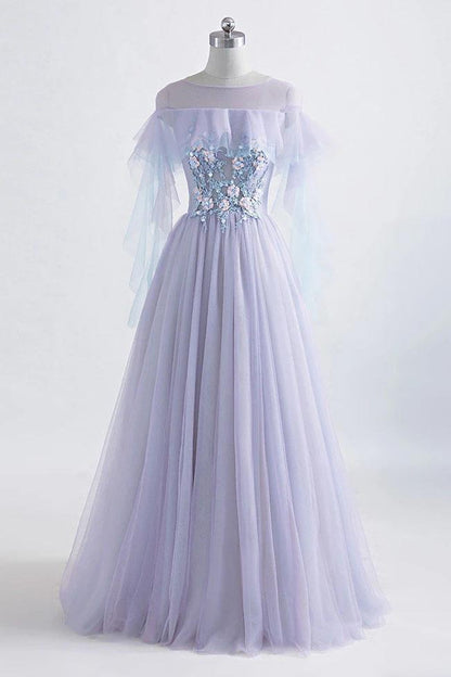 Vestido de fiesta princesa de tul con joya y largo hasta el suelo con apliques de encaje