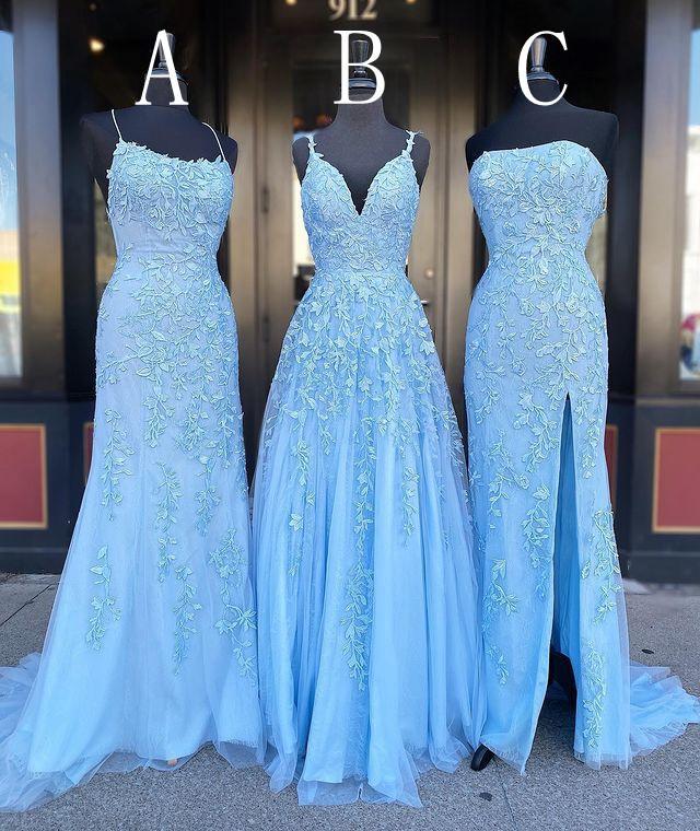 Vestidos de fiesta largos con apliques, vestidos de graduación de octavo grado, baile escolar, vestidos formales azul cielo
