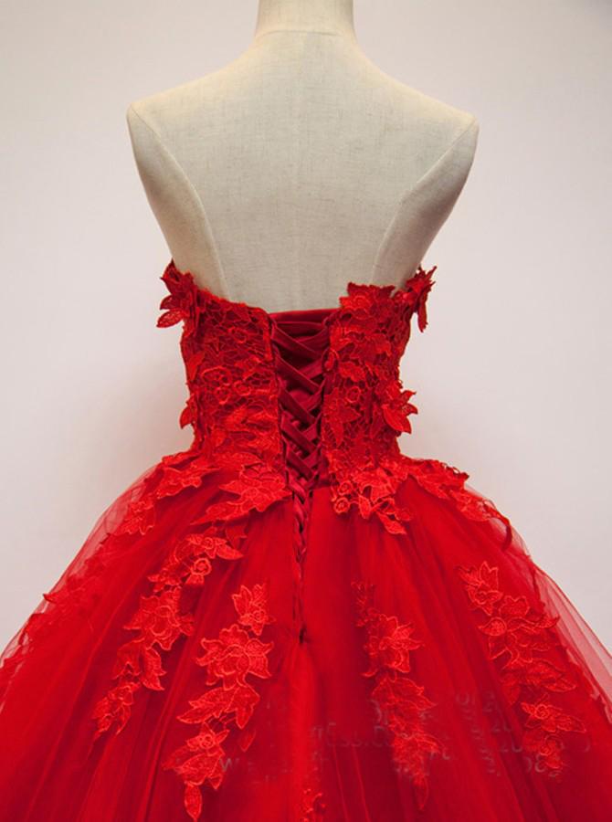 Hermoso vestido de fiesta rojo largo de tul con apliques y escote en forma de corazón sin tirantes, vestidos de fiesta 