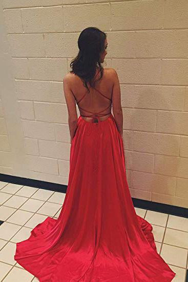 Vestido formal rojo sencillo con tirantes finos y bolsillos, vestido de fiesta largo y sexy.
