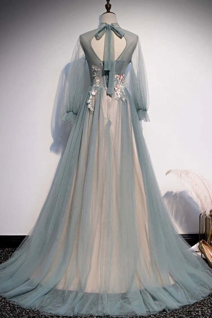 Vestido de fiesta de tul con mangas largas y corte A con flores, vestido de noche largo único con apliques