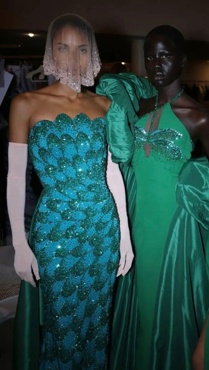 Gorgeous Sheath Strapless Bead Sequin Green Satin Long Sweep Party Dress with Slit SH2713
