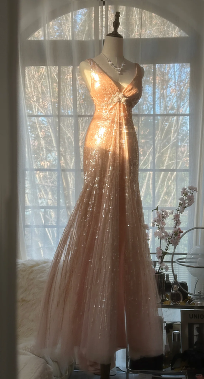 Vintage Champagne Sparkling Sequin Design Romantic Chiffon Evening Dress Prom Dress TP4015