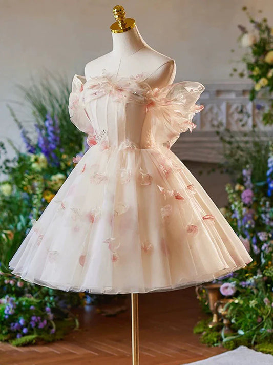 Vintage Pink 3D Flower Design A-line Off-the-shoulder Homecoming Dress TP3410