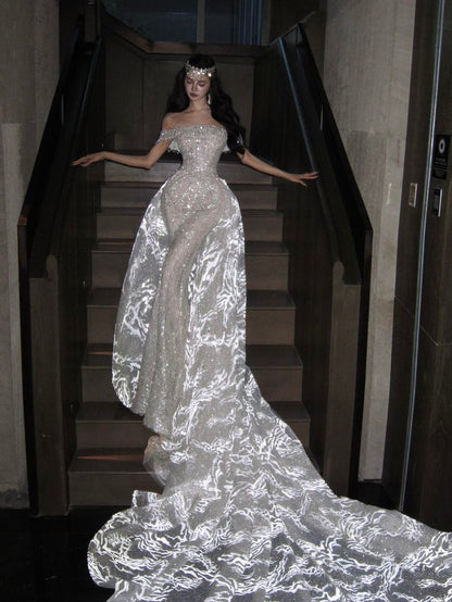 Romantic Exquisite White Mermaid Off the Shoulder Sequin Tulle Long Prom Dress Gown Dress SH3589