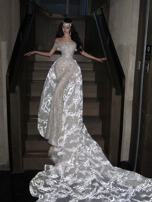 Romantic Exquisite White Mermaid Off the Shoulder Sequin Tulle Long Prom Dress Gown Dress SH3589