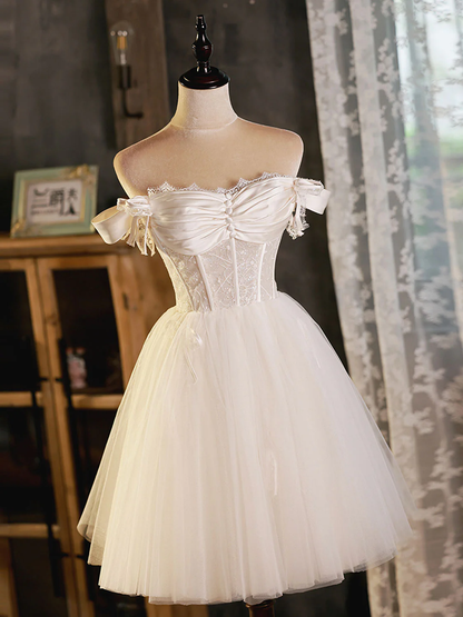 Vintage White Lace Off-the-shoulder Design A-line Tulle Party Dress Homecoming Dress TP4069