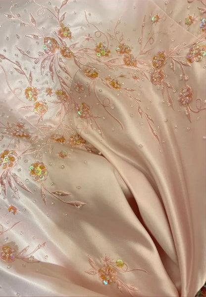 Vestido de noche vintage de satén rosa con bordado, corte sirena, largo, sin tirantes, TP4570
