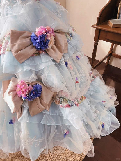 Romantic Hydrangea Flower Sweetheart Neck Ball Gown Layered Blue Organza Prom Dress Birthday Dress SH3634