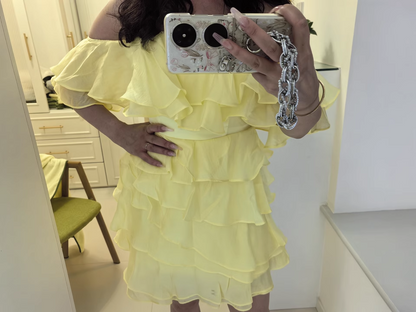 Fashion Yellow Strapless Ruffled Hem Design A-line Tiered Party Dresses Homecoming Dresses, TP3843