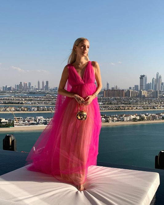 Pink V-neck contrast color long shoulder strap tulle long ball gown prom dress evening dress gh3067