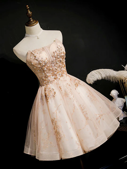 Vestido de fiesta vintage de tul con apliques de champán, sin tirantes y diseño de cuentas, corte A, TP4072