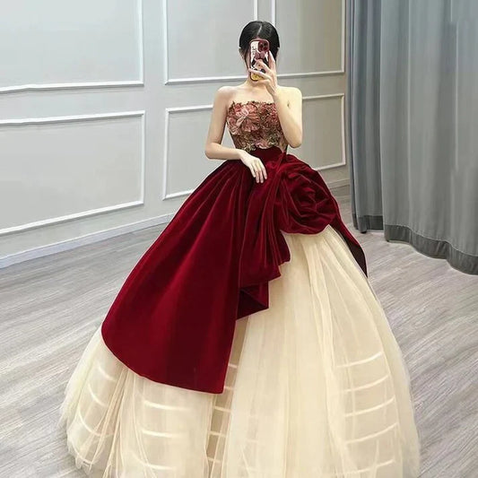 Vestido de quinceañera con diseño único de rosas, sin tirantes, corte A, para fiesta de cumpleaños, noche, baile, TP4528