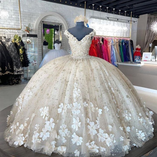 Elegante vestido de quinceañera color marfil con escote en V y apliques, corte A, para fiesta de cumpleaños, noche, baile, TP4527