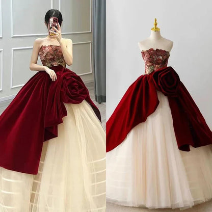 Vestido de quinceañera con diseño único de rosas, sin tirantes, corte A, para fiesta de cumpleaños, noche, baile, TP4528