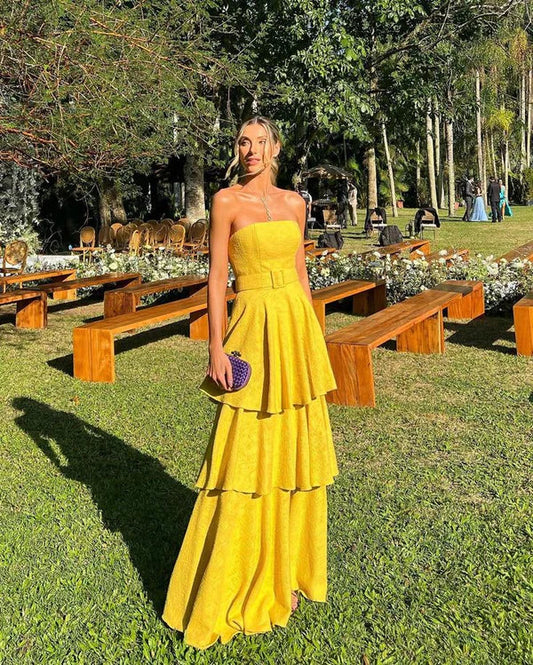 Vestido de fiesta vintage amarillo sin tirantes, largo, de noche, con capas, corte A, formal, TP4598