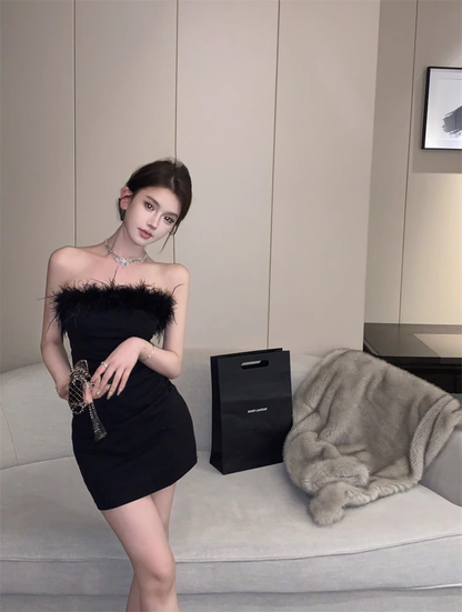 Vestido de fiesta negro, sencillo, ajustado, corte A, sin tirantes, TP3718