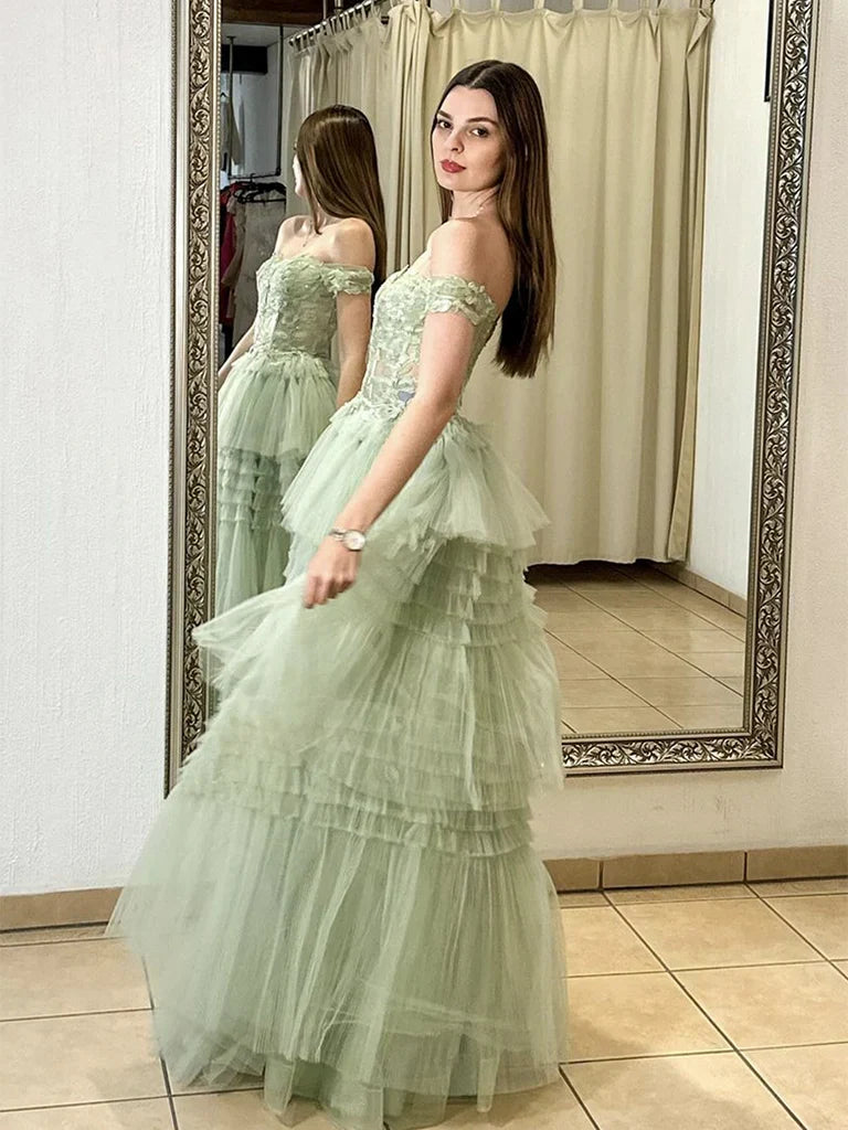 Green A-Line Sweetheart Neck Off Shoulder Tulle Lace  Long Prom Dress,Formal Evening Dress ED01279