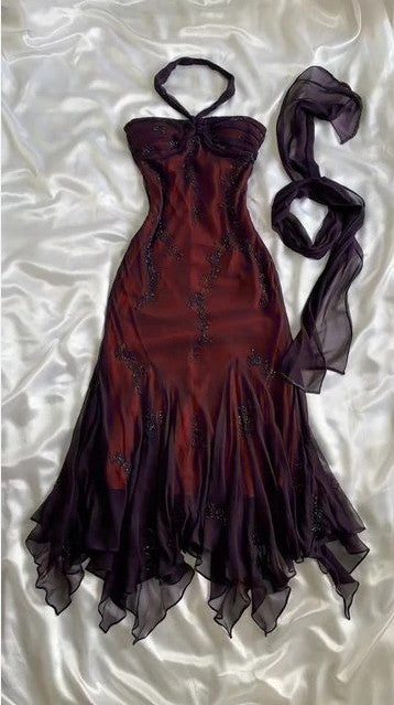Vintage Blue Chiffon Long Prom Dresses Elegant  Beaded Party Dresses ED01743