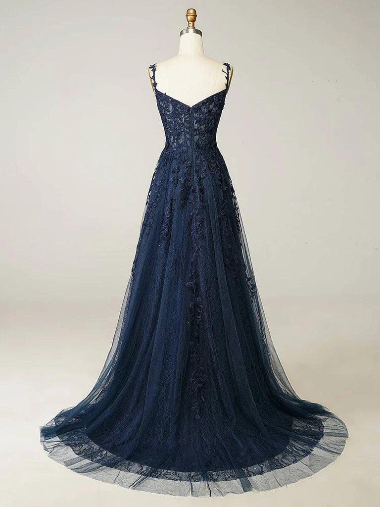 Vestido de fiesta largo azul oscuro con escote corazón, elegante, de tul y encaje, ED080