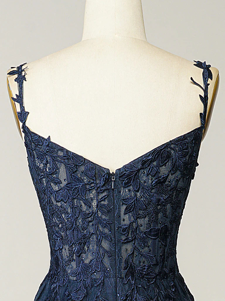 Vestido de fiesta largo azul oscuro con escote corazón, elegante, de tul y encaje, ED080